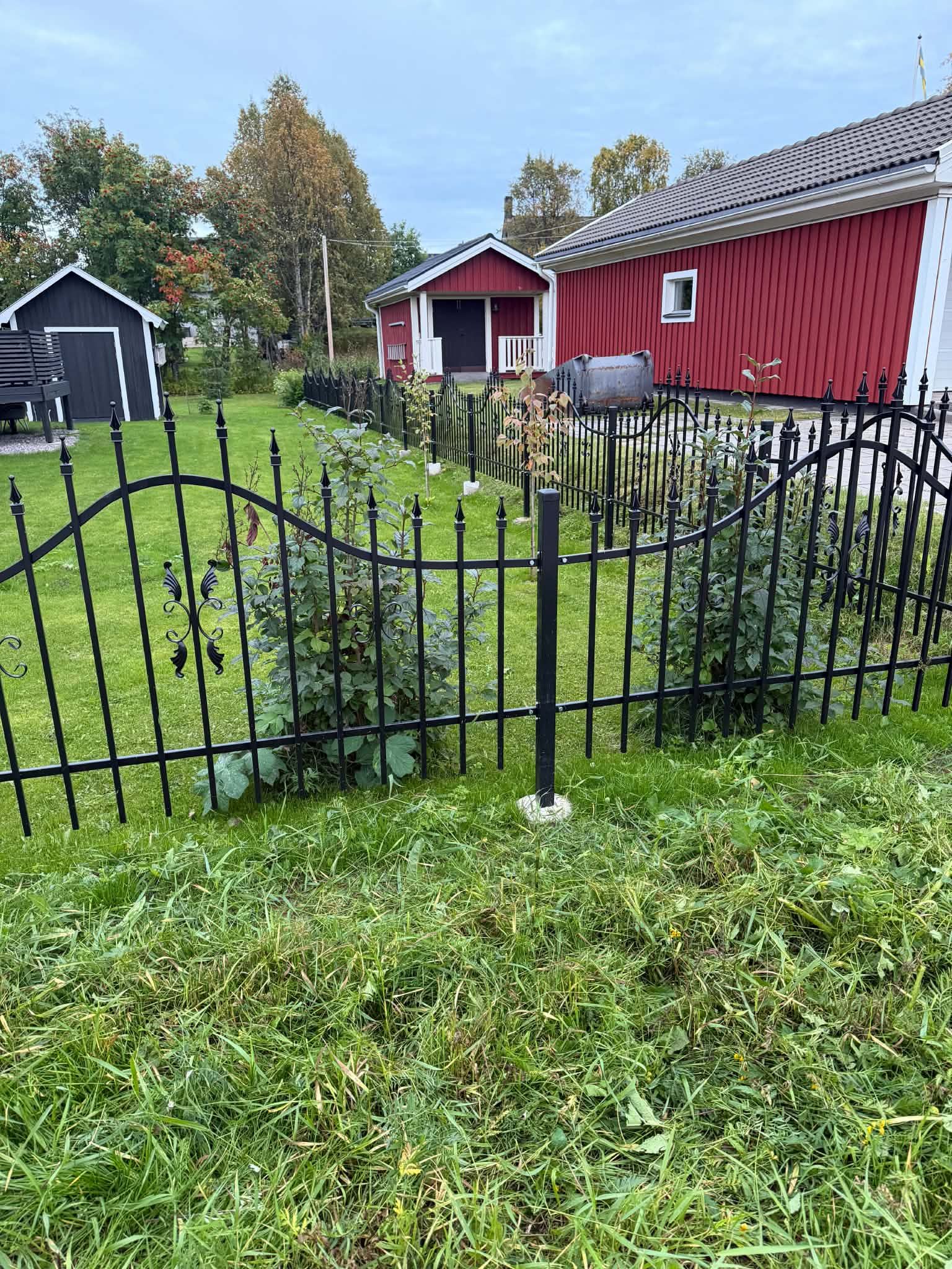 Svart dekorativt smidesstaket i en grön trädgård