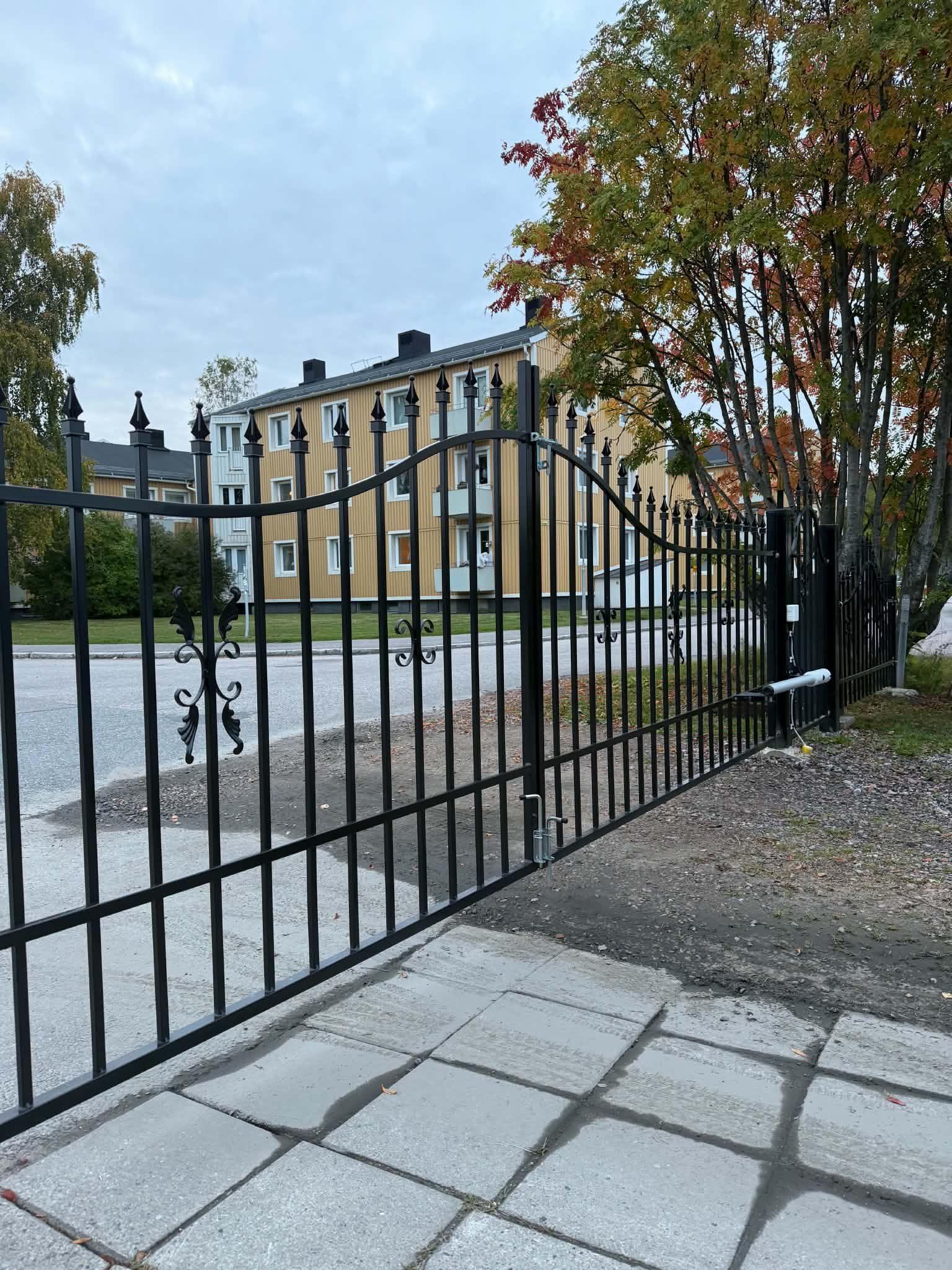 Svart dubbelgrind i smide med matchande staket