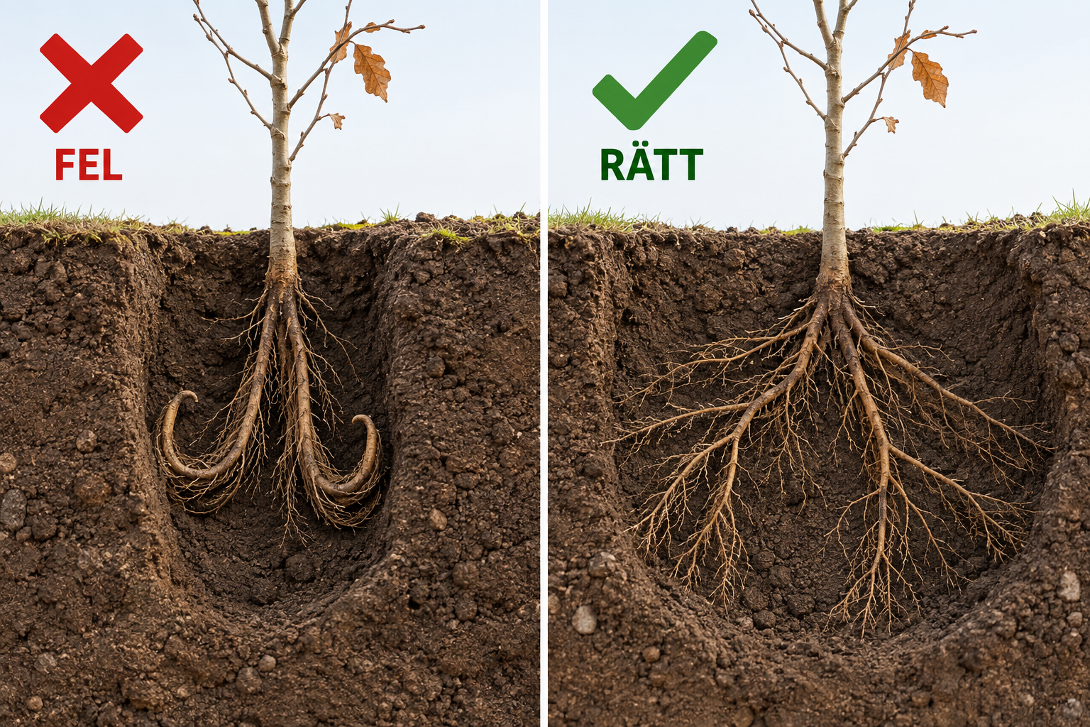 Fel och rätt vid plantering av barrotad avenbok: uppvikta J-formade rötter jämförs med naturligt utbredda rötter.