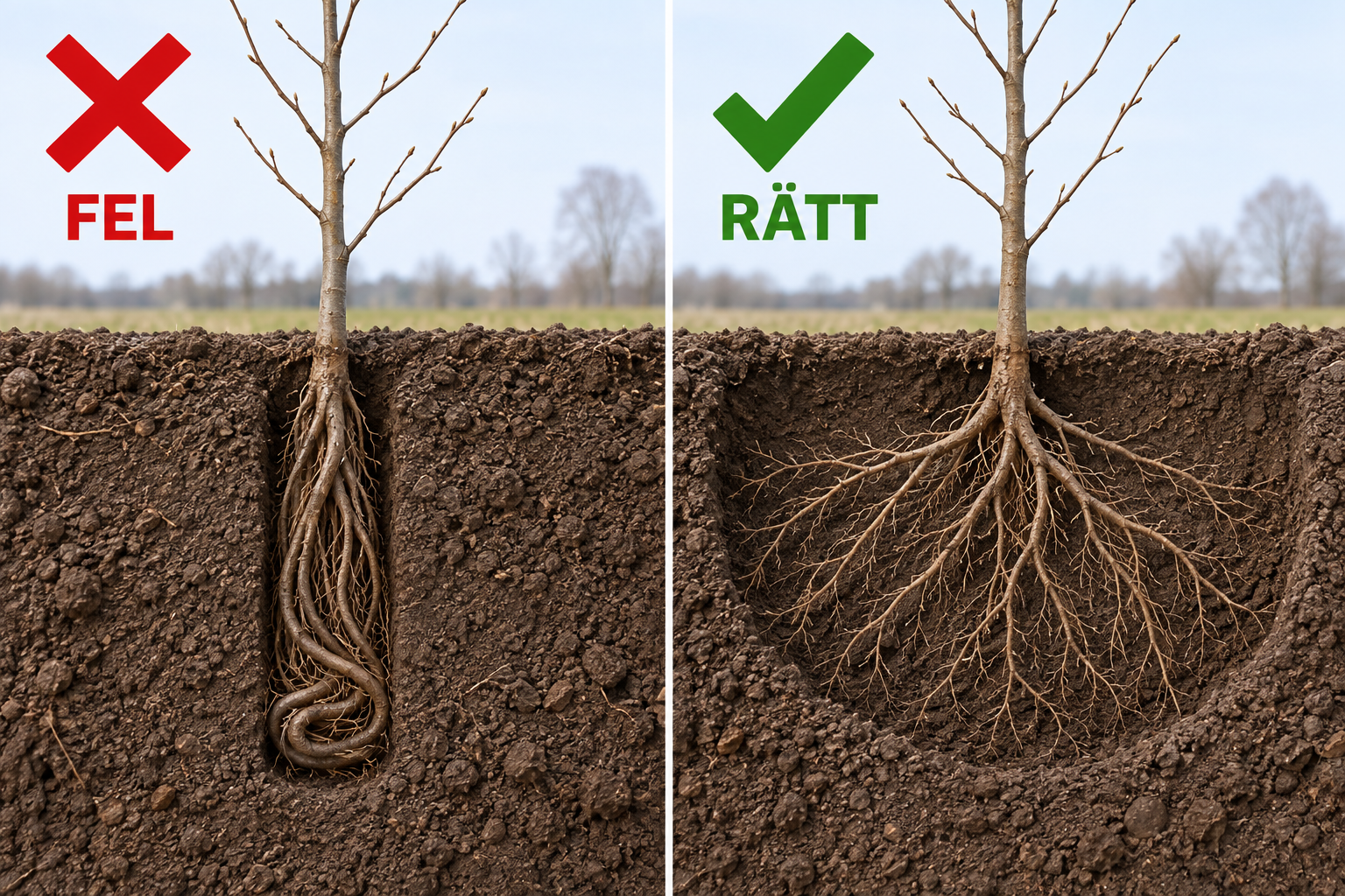 Fel och rätt planteringsgrop för avenbok: hopträngda rötter i en smal grop jämförs med rötter som har plats att bredas ut.