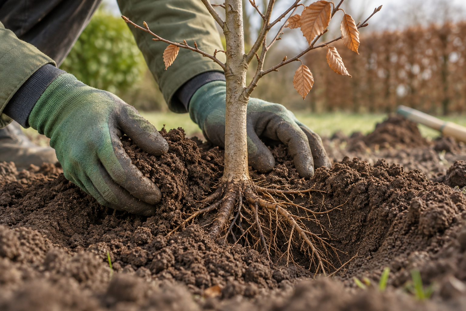 Instruktionsillustration: Fyll varsamt med jord mellan rötterna och håll plantan på rätt nivå.