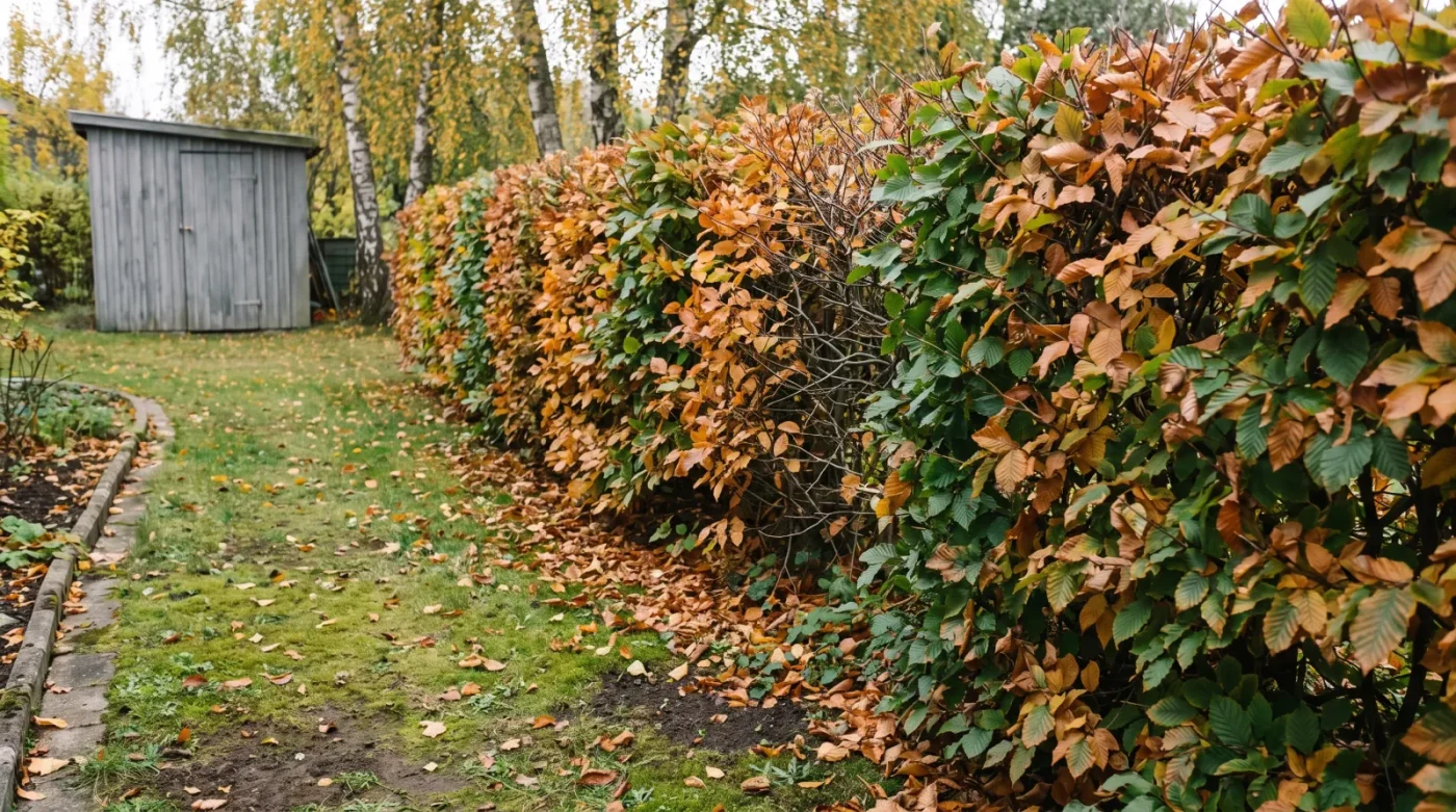 AI-skapad inspirationsbild av en uppvuxen avenbokshäck med kopparfärgade höstlöv