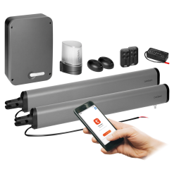 BEUS Connect med två grindmotorer, styrenhet, fotoceller, fjärrkontroller och Wi-Fi-modul