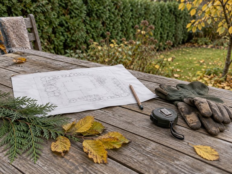 Planteringsskiss, trädgårdshandskar och kvistar av tuja och avenbok på ett träbord i höstträdgården.