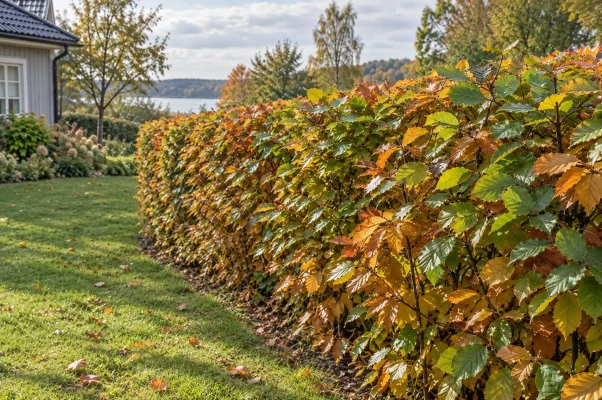 bokhäck med släta vågiga blad i gröna och kopparfärgade hösttoner
