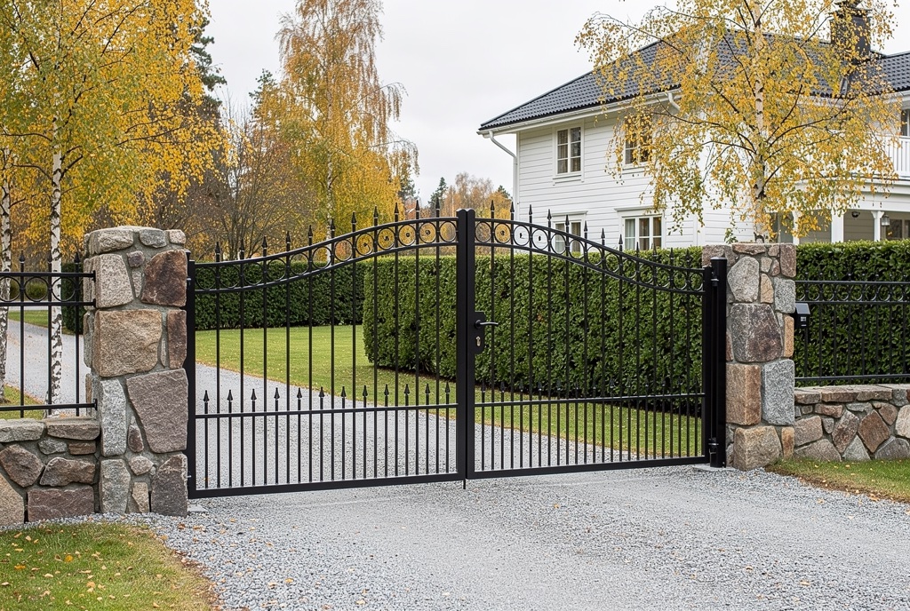 en måttanpassad svart grind mellan stenpelare